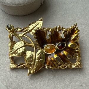 Oscar de la Renta Amber Enamel Gold Tone Vintage Brooch